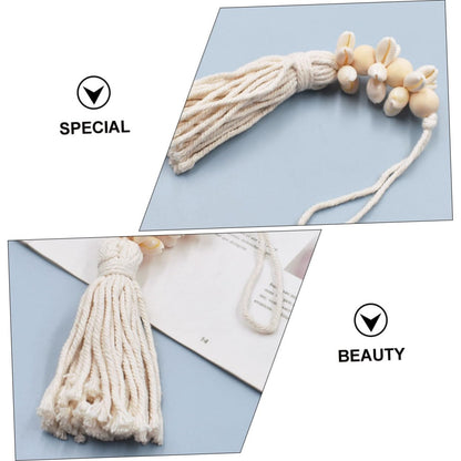 KONTONTY Boho Coastal Decor Wooden Beads String Pendant with Cotton Tassels and Seashells 9.84In Rustic Farmhouse Hanging for Wall Window Decoration