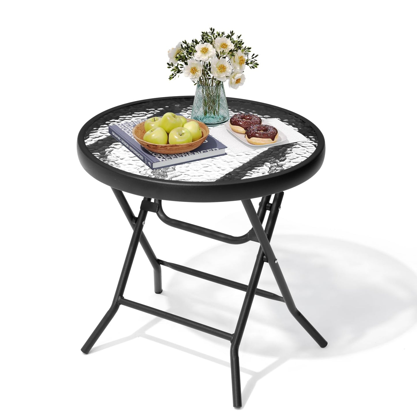 PATIOHIT Foldable Side Table with Tempered Glass Top 18" Outdoor Folding Side Tables Small Glass Patio Table for Porch Yard Balcony Deck Lawn Dining Garden (Black)