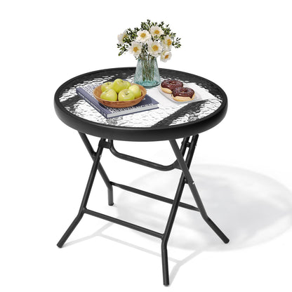 PATIOHIT Foldable Side Table with Tempered Glass Top 18" Outdoor Folding Side Tables Small Glass Patio Table for Porch Yard Balcony Deck Lawn Dining Garden (Black)