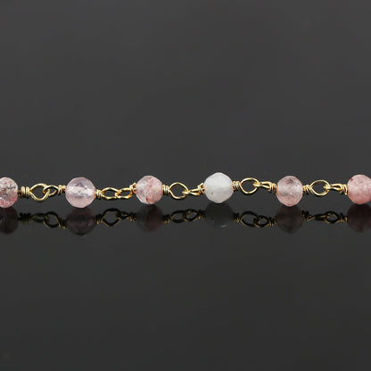 JOR Natural Strawberry Quartz Beaded Rosary Anklet, Handmade Craft, Anklet Beads Bracelet, Chakra Healing Anklet, Gemstone Women Jewelry, Dainty Gold Plated Anklet 9 inch + 2 inch (1pcs)