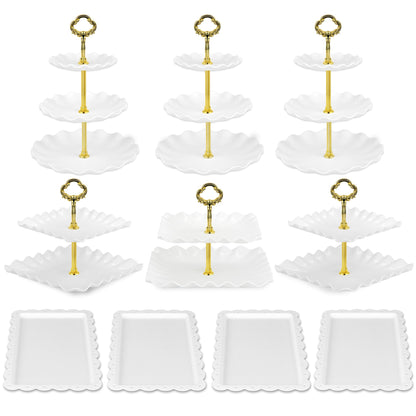 Pack of 10 NWK Cake Stand Set, with 3 x Two-Tier and 3 x Three-Tier Cupcake Stands, 4 x Appetizer Trays, 1 x Tablecloth for Birthday Bridal Baby Shower Party (Gold)