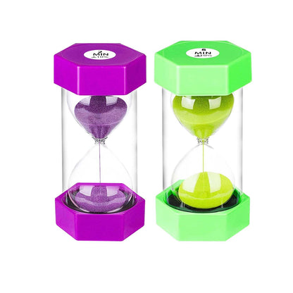 SuLiao Purple 2 Minute Sand Timer for Kids, Unbreakable Plastic Hourglass Green Sand Clock 5 Min, Colorful Hour Glass Sandglass for Kids Games Classroom Home Office Kitchen (Pack of 2)