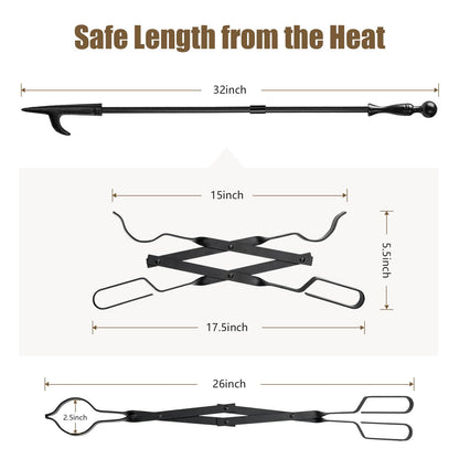 Heavy Duty 32” Long Fireplace Fire Pit Campfire Poker Stick and 26” Fireplace Tongs Tool Set Log Grabber Rust Resistant fire poker Camping Fireplace Tools for Indoor Outdoor Solo Stove Accessories