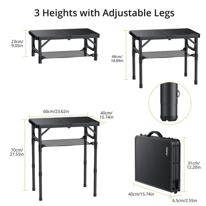 Anbte Folding Camping Table with Storage Net, Pure Black Aluminum 2ft Picnic Table 23.2" x 16" Outdoor Table Adjustable Height Max 27.5", Lightweight, Waterproof, Portable Handle for Travel Cooking