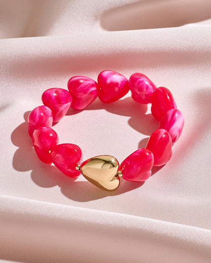 FAUTHENTICUTE Hot Pink Bead Strand Bracelet for Women Boho Fuchsia Red Beaded Statement Bracelet With A Puffy Heart Charm Chunky Stretch Bracelets For Summer Vacation Beach Jewelry Gift