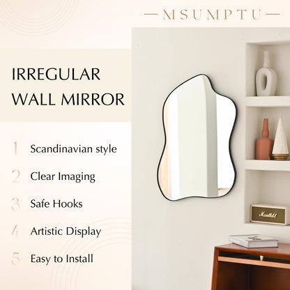 MSUMPTU Irregular Wall Mirror Black Wave Shaped Metal Framed Wall Mirror for Bathroom Bedroom Entryway Living Room Wall Decor 24" L x 18" W 2305B