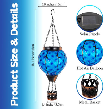 Solar Hot Air Balloon Lantern with Flame,Glass Solar Hanging Lights Outdoor Waterproof,Hot Air Balloon Solar Blue Star Lamp Decorative for Lawn Porch Tree Yard