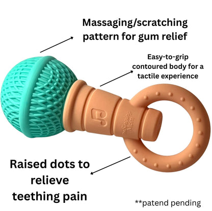 Microphone-Shaped Silicone Baby Teether - BPA Free, with Rattle, Musical/Singing Toy, Dishwasher & Freezer Safe, Easy-to-Grip Teething Shaker Toy for Newborns, Infants, Toddlers. (Teal Peach)