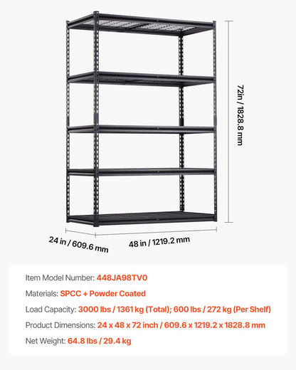 VEVOR Storage Shelves, 3000 lbs, 5 Tier Heavy Duty Garage Shelving, 24" D x 48" W x 72" H Adjustable Metal Shelves for Industrial Shelving Unit Utility Shelf, for Kitchen, Warehouse, Basement, Black