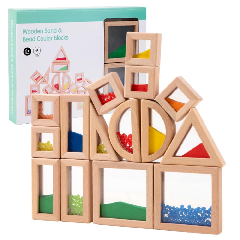 Lexza Rainbow Sensory Toys Blocks,15 Pcs Large Wooden Building Blocks for Toddlers Baby Kids,Colorful Geometric Stacking Toys, Preschool Educational Toy Set