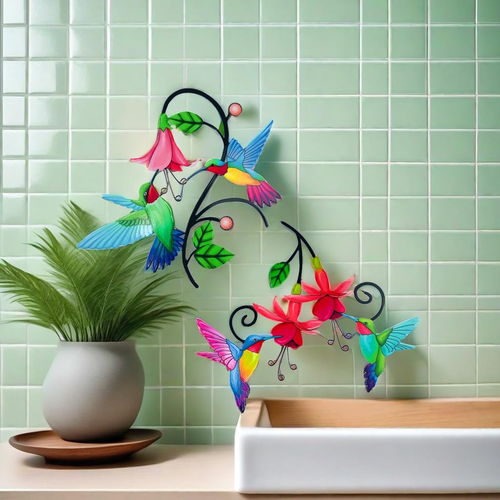 Meduofon 2 Pack Metal Hummingbird & Flower Outdoor Wall Art Decor, Creative Wall Decor for Patio, Fence, Deck, Garden, Home, Kitchen, Balcony