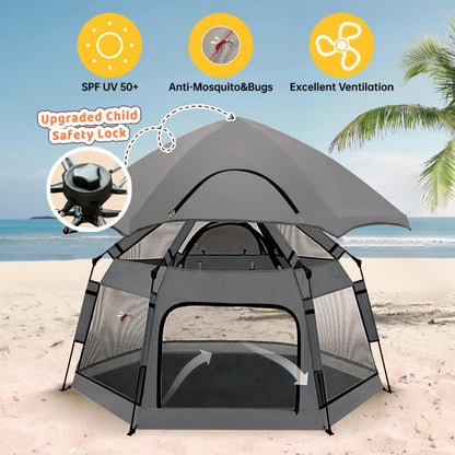 Instant Pop Up Baby Playpen with UV Canopy & Safety Lock, Portable Outdoor Beach Tent Play Yard for Toddlers, Breathable Mesh & Carry Bag, Indoor & Backyard Use (Grey)