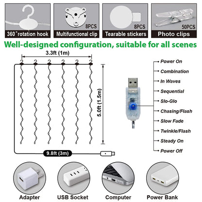 ZSJWL 3.3×5ft Short Curtain Lights with 8 Hook for Small Windows, 96 LED Warm White Photo Clips String Light with 52 Clear Clips, Remote Control 8 Modes USB Fairy Lights for Bedroom, Party, Wall