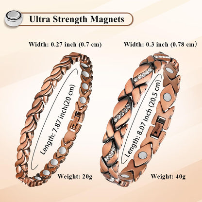Vicmag 2PCS Copper Magnetic Bracelet for Women 99.9% Solid Pure Copper Strong Magnets Jewelry Gift Adjustable Length