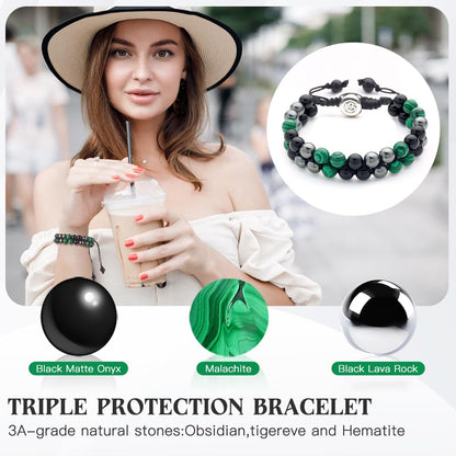 Triple Protection Bracelet - for Protect & Balance - Energy Crystal Bracelets for Men Women - Bring Good Luck & Prosperity - Malachite Hematite & Black Obsidian Jewelry Natural Stone Healing Bracelet
