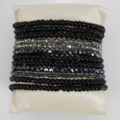 12Pcs Bohemia Multilayer Resin Seed Beaded Stackable Bracelets Colorful Crystal Glass Beads Stretch Bracelet BFF Friendship Elastic Wristbands for Women Men Summer Beach Boho Vacation Jewelry-Black