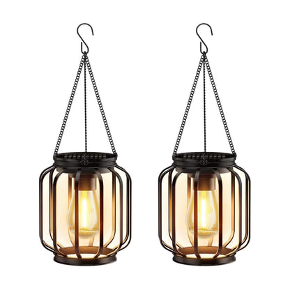 Ddlisu 2 Pack Solar Lanterns Outdoor Waterproof, Upgraded Metal LED Lanterns, Warm Light, Auto On/Off, Brighter Hanging Solar Lantern for Yard Patio Pathway Porch Garden Decor (Columnar)