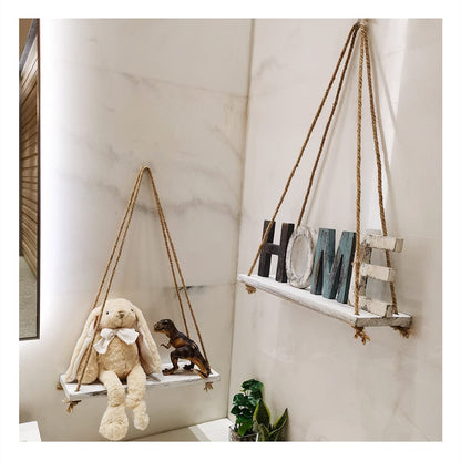 HoreZer 2-Piece Rustic White Wood Shelf Set, Hanging Floating Shelves with 4 Hooks and Ropes, Modern Style for Kitchen, Bathroom, Living Room