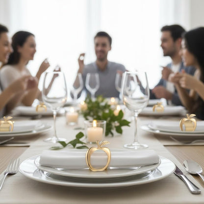 Exquisite Apple-Shaped Napkin Rings with Leaf and stem - Elegant rosh hashanah Table Decor for Formal Dinners and Holiday Celebrations - Set of Polished Metal Rings for Napkins (12, Gold Apple)