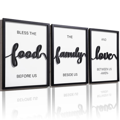 3D Wood Bless The Food Before Us Wall Decor, 36" x 16" Framed Kitchen Wall Art for Dining Room Wall Decor(Ready to Hang, 12x16 inches, Set of 3, Framed)