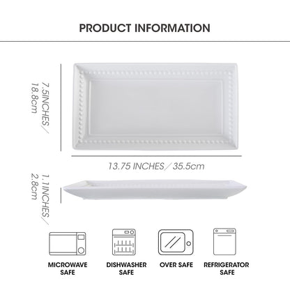 Feenmai 14 inch Ceramic Serving Platter - Rectangular Serving Trays Set of 4, Large Embossed Plates, Porcelain White Platters for Steak, Appetizer, Dessert, Tacos, Housewarming, Oven Dishwasher Safe
