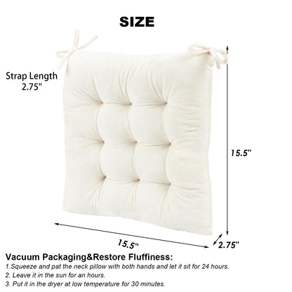 MissSoul 2 Pack Square Seat Cushion Chair Pads for Kitchen Dining Chairs, Soft Comfort Velvet Chair Mat Pillow Cushions with Ties for Office Desk Living Room Tatami 15.5", Ivory
