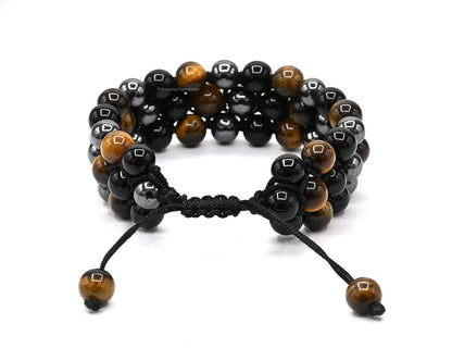 Amazing Gemstone Triple Protection Bracelet - Hematite Black Obsidian Tiger Eye Bracelet Set for Men Women Healing Calming Anxiety Stress Relief Gifts Stocking Stuffer (Adjustable, 3 Layer)