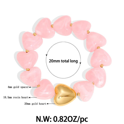 FAUTHENTICUTE Swirled Pink Heart Bracelet for Women Chunky Acrylic Resin Heart-shaped Bead Bracelet Trendy Boho Statement Summer Beach Jewelry Gift For Her