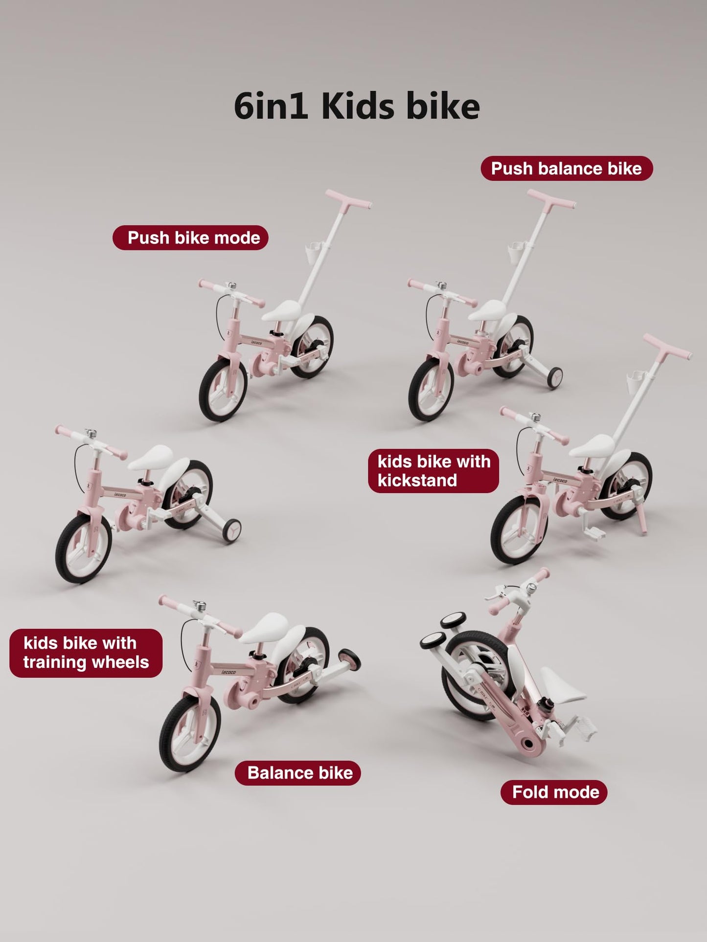 lecoco Upgraded Toddler Bike with Push Handle 6 in 1 for Kids, Balance Bicycle Toys with Training Wheels, Brackes, Cup Holder, Pedal, Kickstand Birthday Gift for Boys and Girls