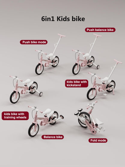 lecoco Upgraded Toddler Bike with Push Handle 6 in 1 for Kids, Balance Bicycle Toys with Training Wheels, Brackes, Cup Holder, Pedal, Kickstand Birthday Gift for Boys and Girls