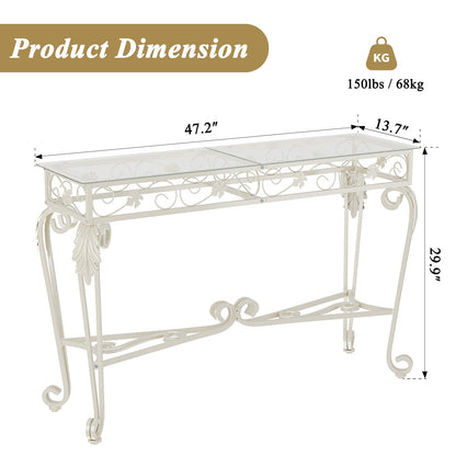 HavenlyYouth Console Table 47.2", Tempered Glass Sofa Table with Metal Frame, Console Tables for Living Room, Entryway, Hallway, Foyer, Adjustable Feet (White)