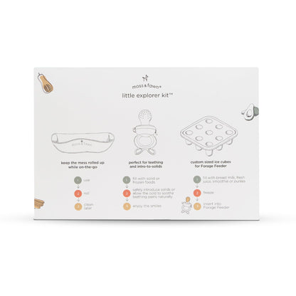 Moss and Fawn Little Explorer Kit - Silicone Frozen Breast Milk Popsicle Kit with Forage Feeder, Teething Popsicle Ice Cube Tray, & Gather & Roll Baby Feeding Bib - BPA, PVC, & Lead-Free - Fern