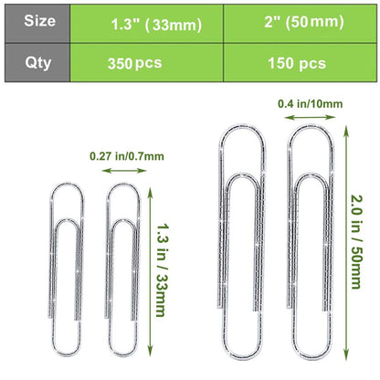 Vinaco Paper Clips Non Skid, 500PCS Medium and Jumbo Paper Clips (1.3 inch & 2.0 inch), Durable & Rustproof, Coated Paperclip Great for Office School and Personal Use