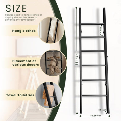 Decorative Wooden Blanket Ladder for the Living Room and Bedroom, 5ft 8 inch, Pine Wood Quilt Ladder, 6-Tier Wall Leaning Blanket Rack Stand, Farmhouse blanket ladder for Home Décor N Display. (Black)
