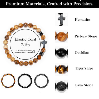 Crystery Men Beaded Bracelets, 8mm Natural Stone Bracelet, Healing Crystal, Jewelry Gifts for men, Triple Protection, Picture Stone, Tiger Eye, Black Obsidian Beads Bracelets, Lava Rock, Pack of 4