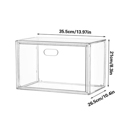Clear Book Organizer Box, Stackable Plastic Bookcase with Magnetic Door, Multifunctional Storage Showcase for Book, Magazine, Shoes, Handbags, Doll (14.1 x 10.35 x 8.07 Inch, 1 Pack)