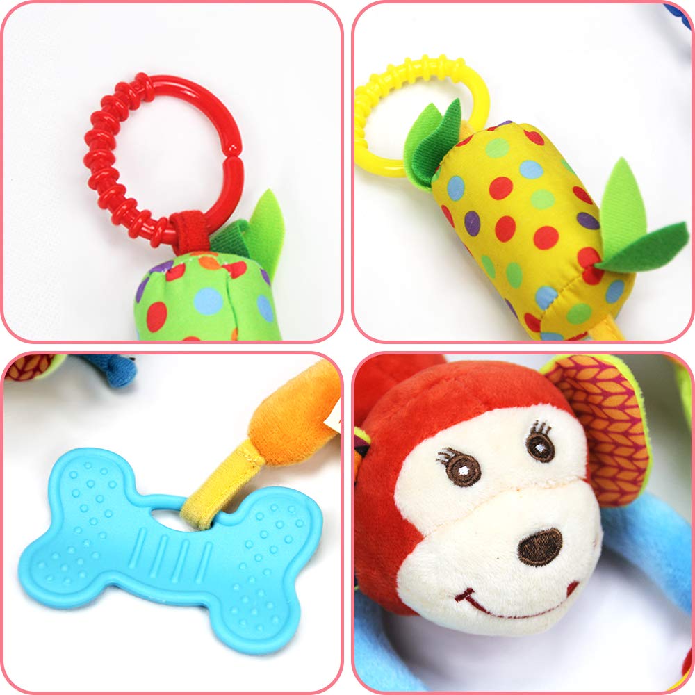 Joyshare 4 PCS Baby Soft Hanging Rattle Crinkle Squeaky Toy - Baby Toys for 0 3 6 9 to 1 Animal Ring Plush Stroller Infant Car Bed Crib Travel Activity Hanging Wind Chime with Teether for Boys Present