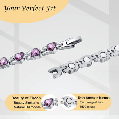 UtenoTureH Magnetic Bracelets for Women, Stainless Steel Bracelet with Heart-Shaped Zircon, Magnetic Jewelry Present (Purple)