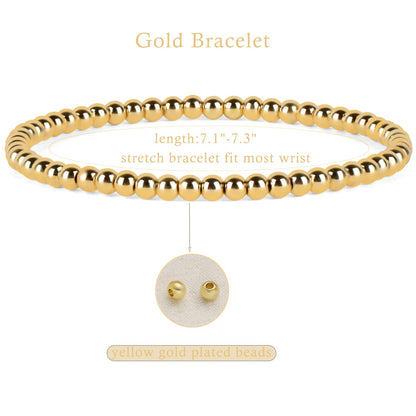 QOGIR 14K Gold Plated Beads Gemstone Stretch Elastic Dainty Handmade Beaded Bracelets for Women Gifts 4mm