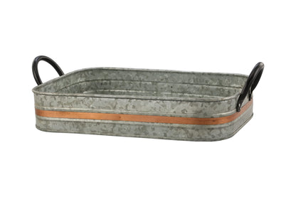 Galvanized Metal Serving Trays Iron Black Handles, Farmhouse Tray with Copper Strip, Decorative Centerpiece for Coffee Table or Dining Table, Rustic Utility Tray for All Purpose, Rectangular Trays