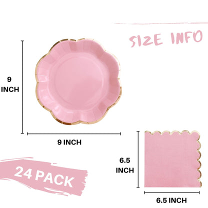 Winoo Design 48PCS Pink Plates and Napkins Disposable - 24 PK - Pink Floral Paper Plates for Tea Party Baby Shower Bridal Shower Birthday Wedding