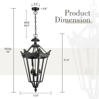 Emliviar 32 Inch Outdoor Front Door Hanging Light, Farmhouse Exterior Pendant Lantern Waterproof Ceiling Mount with Seeded Glass, Black Finish, XE283H BK