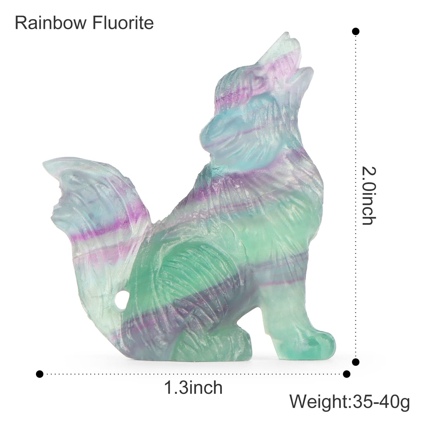 LEADGEM 2" Crystal Wolf Statue Decor Rainbow Fluorite Crystal Big Tail Wolf Figurine Healing Stones Statue Carved Wolve Sculpture Ornaments Wolves Figure with Gift Box