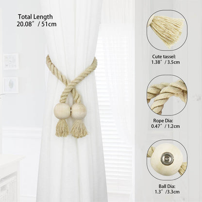 Nieffeiy 2 Pack Magnetic Curtain Tiebacks Cotton Hand Woven Tie Back Decorative Rope Holdbacks for Curtains Draperies No Tools Required, Dark Beige