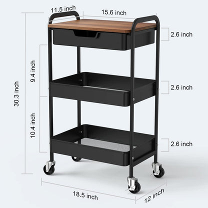 Aratan 3 Tier Rolling Cart with Drawer, Metal Utility Cart on Wheels Storage Cart with Wood Top, Kitchen Cart Art Cart Organizer for Bathroom Office Balcony Living Room