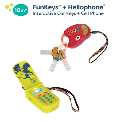 B. toys – Toy Car Keys & Cellphone – 2 Pieces Sensory Bundle – Developmental Toy for Babies, Toddlers – Red Keys & Green Play Phone – 10+ Months – FunKeys + Hellophone Set