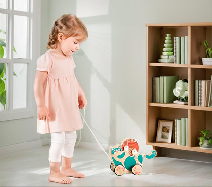 Hape Wooden Walk-A-Long Kitten Pull Toy| Roll & Rattle Push Pull Toy for Toddler| Montessori Toys for Walking Toddlers, Green