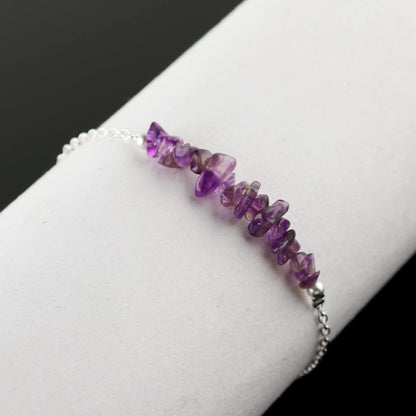 Gemimpression Handmade Amethyst Chips Bar Bracelet – Natural Energy Healing Crystals – Silver Plated Adjustable 8 Inch Chain – Christmas Gift