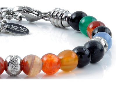 10:10 Beaded Bracelet for Men and Women – Natural Agate Multicolor Gemstones and Stainless Steel – Adjustable & Durable & Elegant – Made in Italy