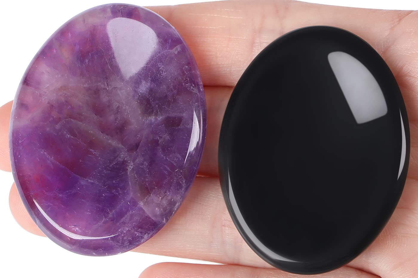 QINJIEJIE 2PCS Thumb Worry Stone for Anxiety Healing Crystals Amethyst Black Obsidian Hand Carved Oval Palm Pocket Stones Meditation Crystal Reiki Relax Stone Anxiety Relief Items Gifts for Women